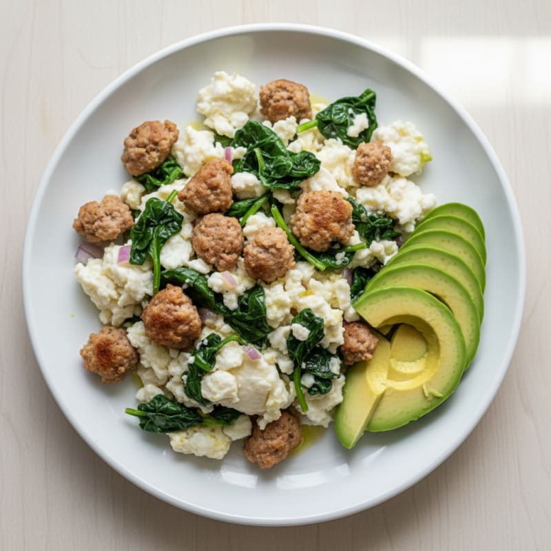 Egg White Scramble with Turkey Sausage and Sautéed Spinach