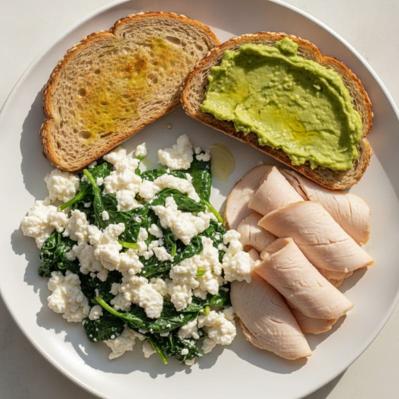 Egg White Spinach Scramble with Cottage Cheese and Sliced Turkey