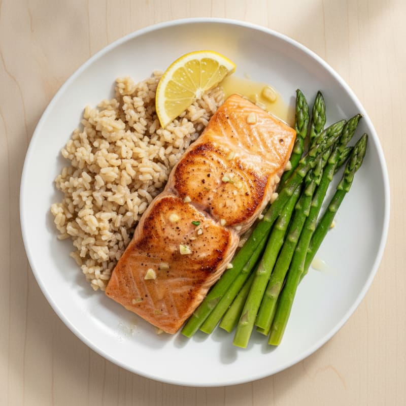 Seared Salmon Fillet with Steamed Asparagus and Brown Rice