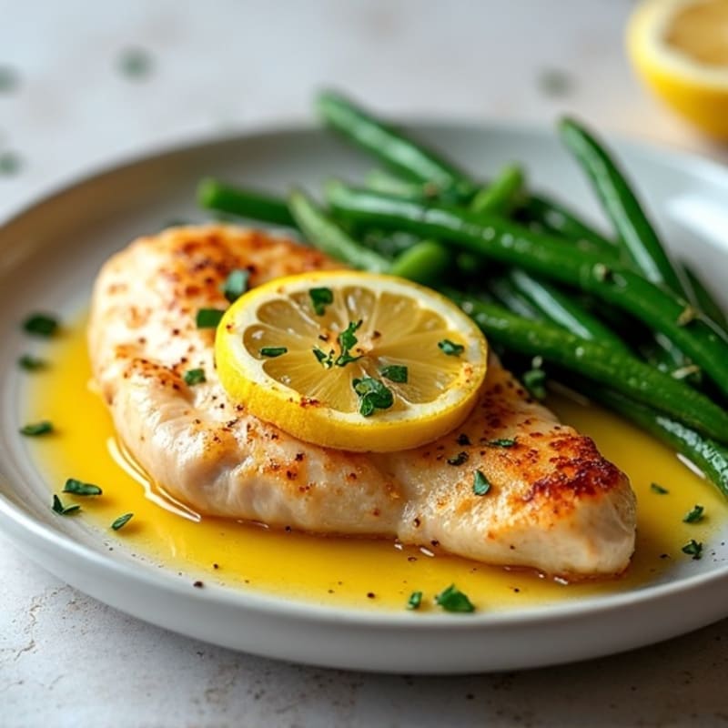 Lemon Garlic Pan-Seared Chicken with Crispy Roasted Green Beans