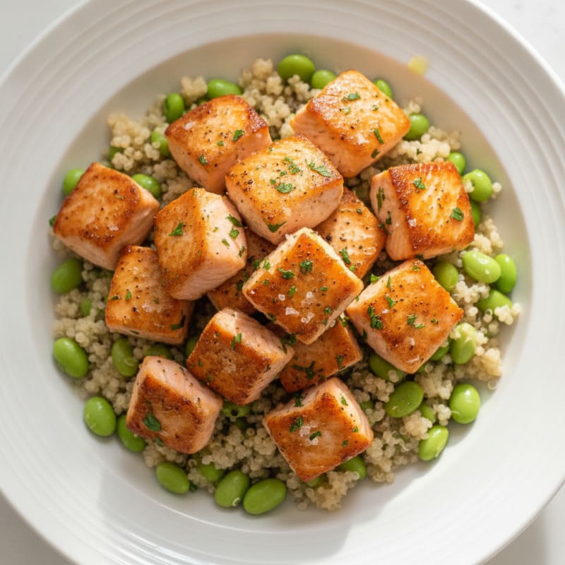 Pan-Seared Salmon Bites with Quinoa and Edamame