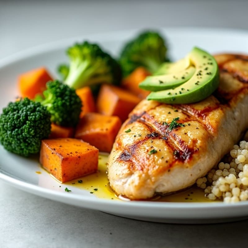 Grilled Chicken Breast with Roasted Sweet Potatoes and Steamed Broccoli