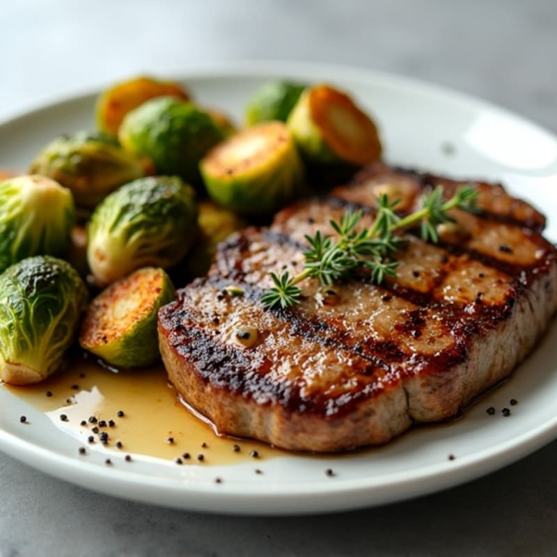 Garlic Herb Pan-Seared Steak with Crispy Roasted Brussels Sprouts