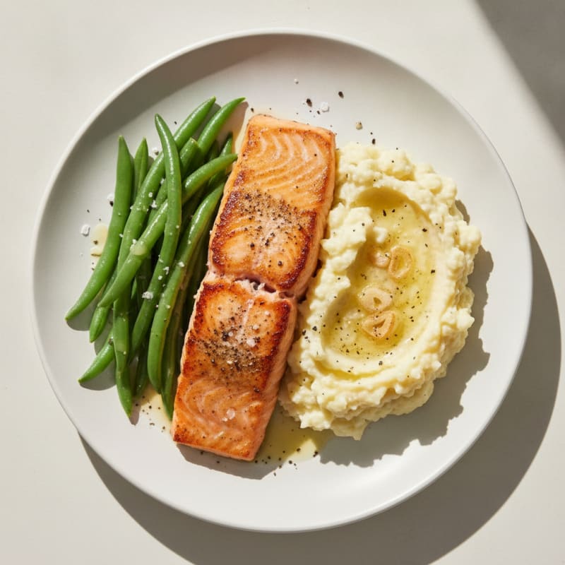 Seared Salmon Fillet with Steamed Green Beans and Garlic Mashed Cauliflower