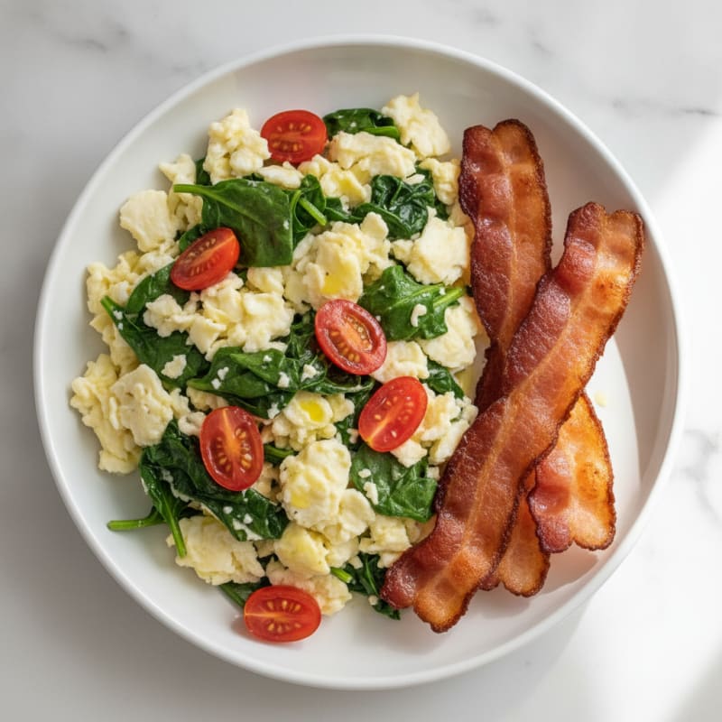 Scrambled Egg Whites with Sautéed Spinach and Turkey Bacon