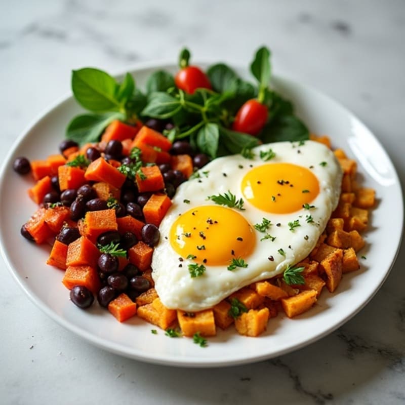 Egg White and Black Bean Scramble with Roasted Sweet Potatoes