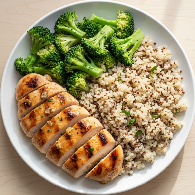 Grilled Lemon Garlic Chicken Breast with Quinoa and Steamed Broccoli