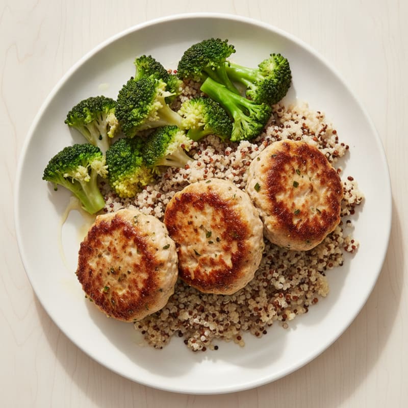 Seared Turkey Patties with Steamed Broccoli and Quinoa