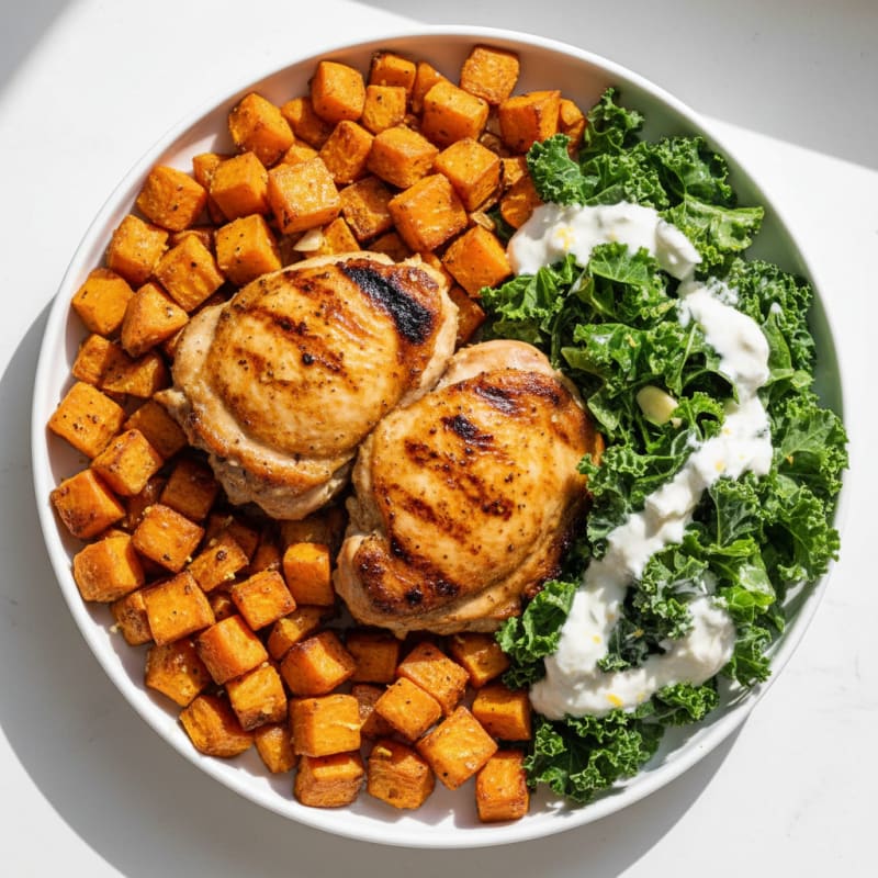 Grilled Dark Meat Chicken with Roasted Sweet Potatoes and Kale Salad