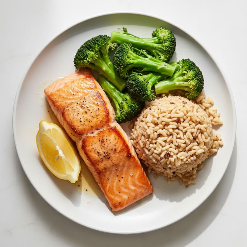 Seared Salmon with Steamed Broccoli and Brown Rice