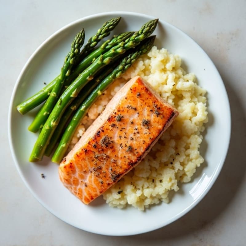 Seared Salmon with Steamed Asparagus and Cauliflower Mash