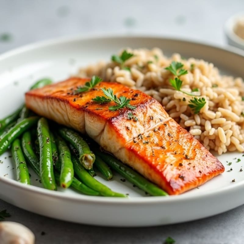Seared Salmon Fillet with Garlic Green Beans and Brown Rice