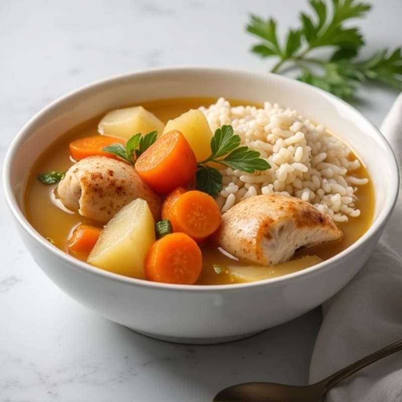 Tender Chicken Stew with Soft Potatoes and Fluffy Rice