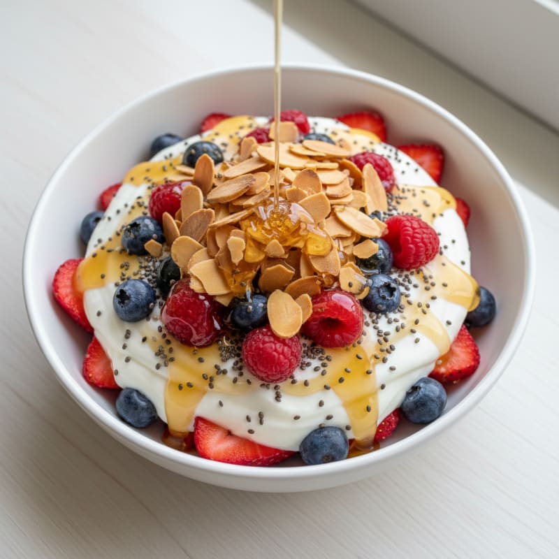 Greek Yogurt Protein Parfait with Mixed Berries and Almonds