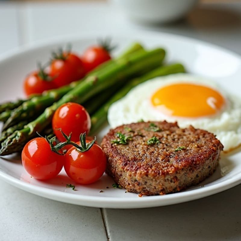 Crispy Herb Lamb Mince with Roasted Asparagus and Cherry Tomatoes