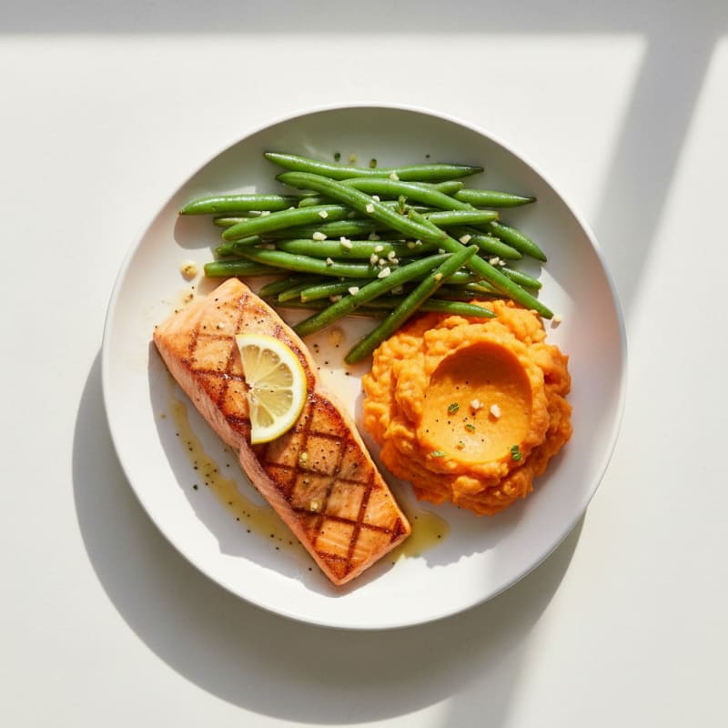 Seared Salmon with Garlic Green Beans and Sweet Potato Mash