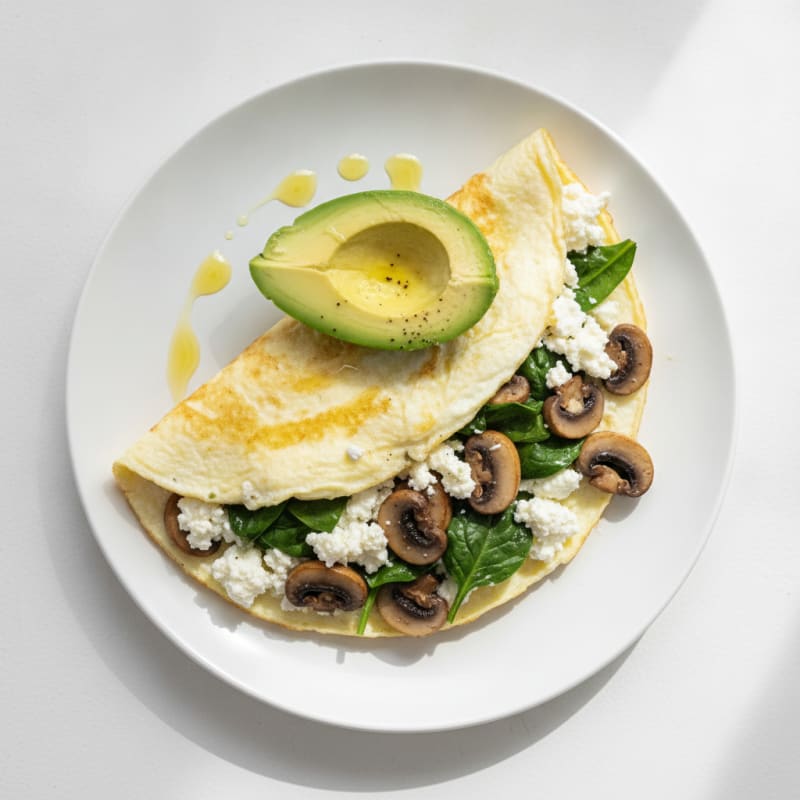 Egg White Spinach Omelette with Cottage Cheese and Sautéed Mushrooms