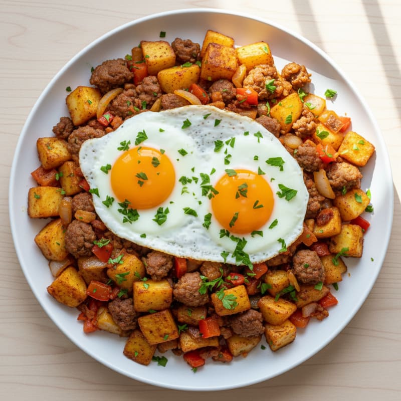 Crispy Sausage and Potato Hash with Eggs