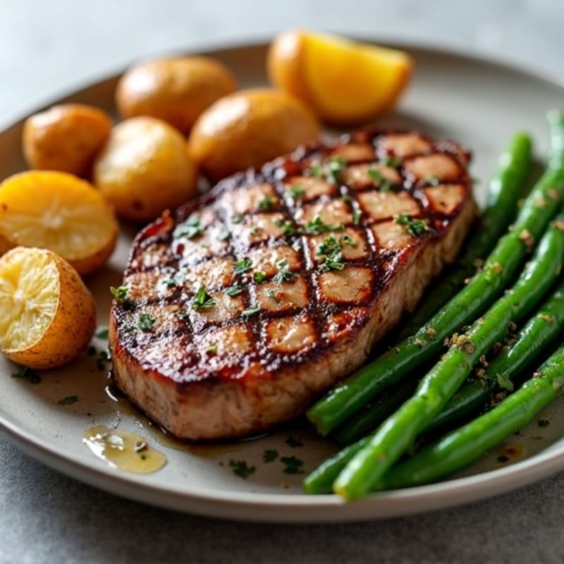 Pan-Seared Steak with Crispy Roasted Potatoes and Garlic Green Beans