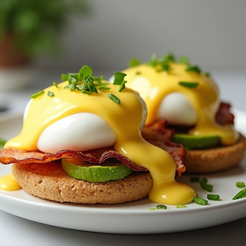 Healthy Poached Eggs Benedict with Crispy Turkey Bacon and Creamy Avocado Hollandaise
