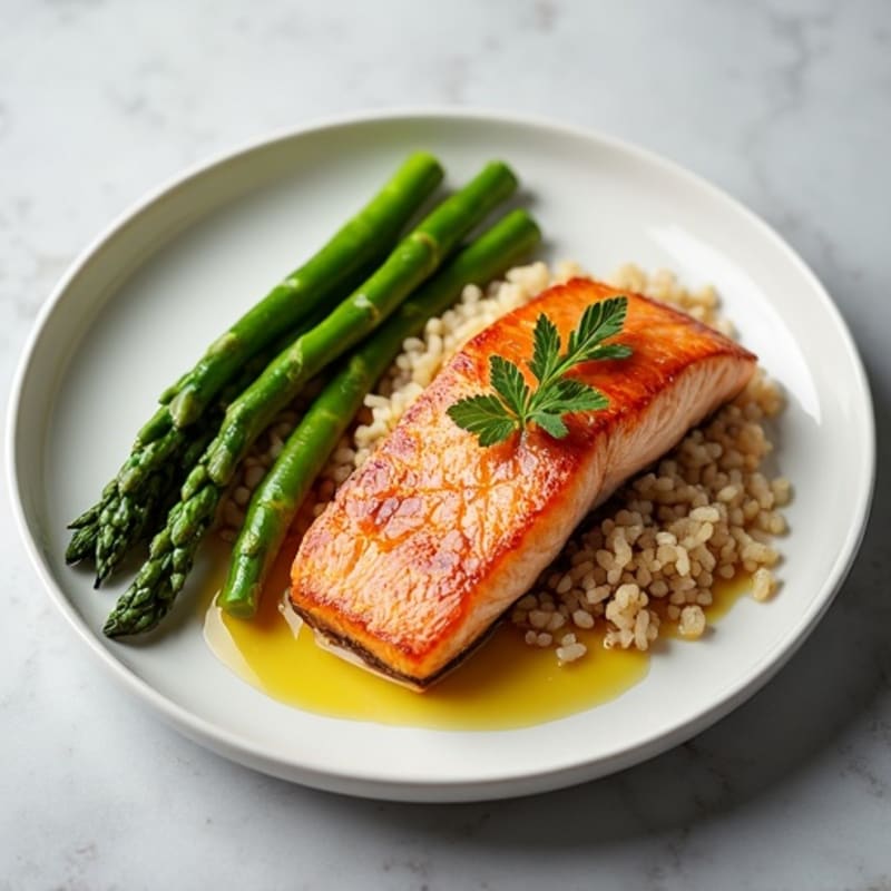 Seared Salmon Fillet with Steamed Asparagus and Brown Rice