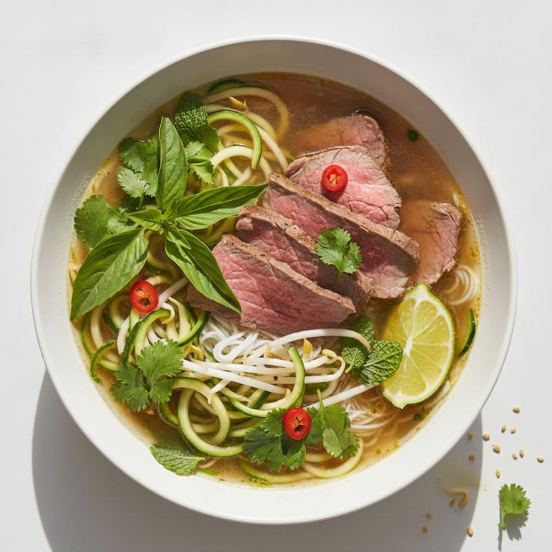 Beef Pho with Zucchini Noodles and Fresh Herbs