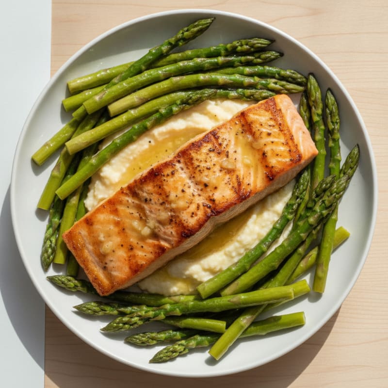Seared Salmon with Steamed Asparagus and Cauliflower Mash