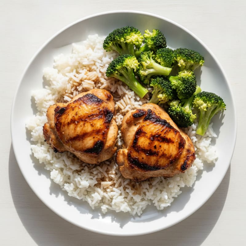 Grilled Chicken Thighs with Steamed Rice and Broccoli