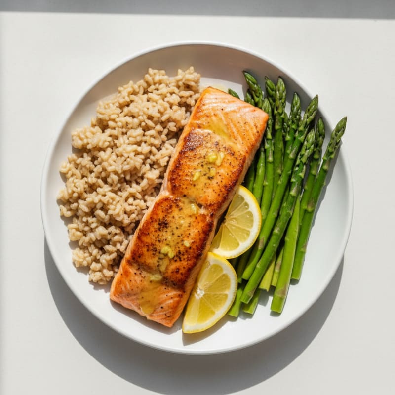 Seared Salmon with Steamed Asparagus and Brown Rice