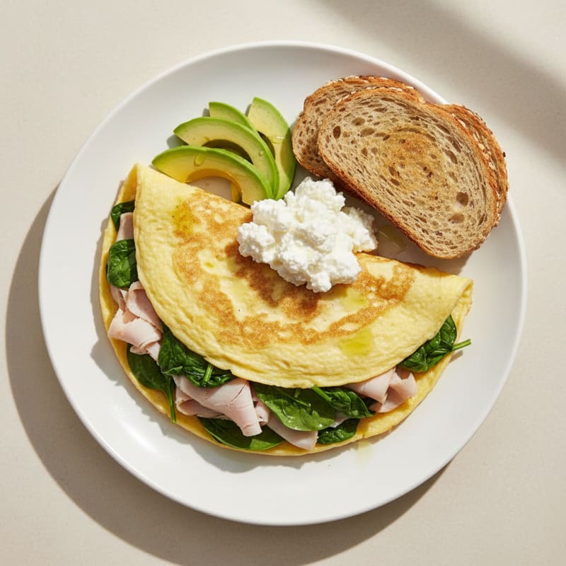 Egg White Spinach Omelette with Cottage Cheese and Sliced Turkey