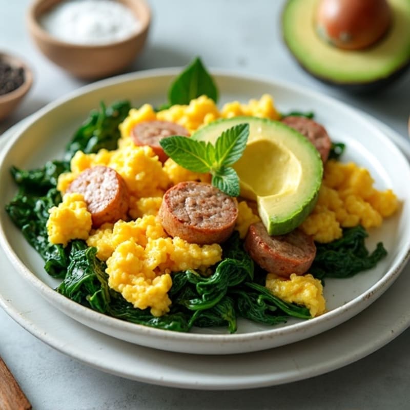 Egg White and Turkey Sausage Scramble with Sautéed Spinach