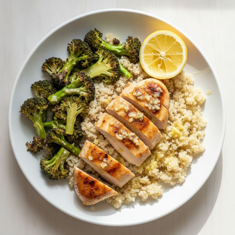 Lemon Garlic Chicken Breast with Quinoa and Roasted Broccoli