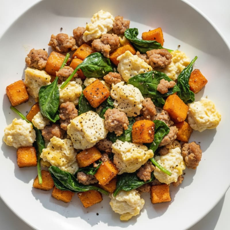 Egg White and Turkey Sausage Scramble with Sautéed Spinach and Sweet Potato