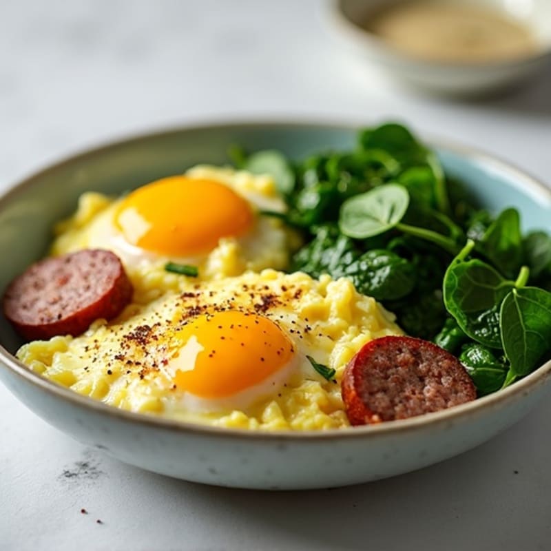 Egg White and Turkey Sausage Scramble with Sautéed Spinach