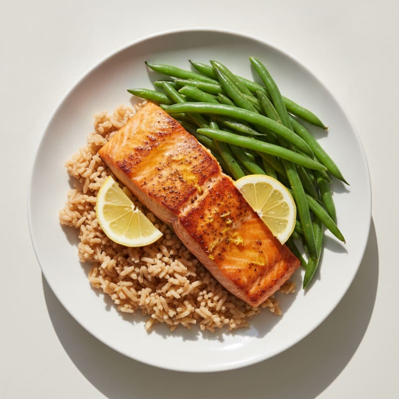 Seared Salmon Fillet with Steamed Green Beans and Brown Rice