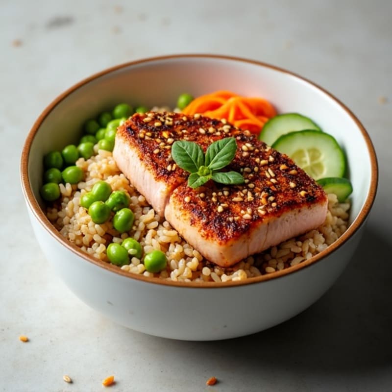 Sesame-Crusted Tuna Rice Bowl with Fresh Vegetables