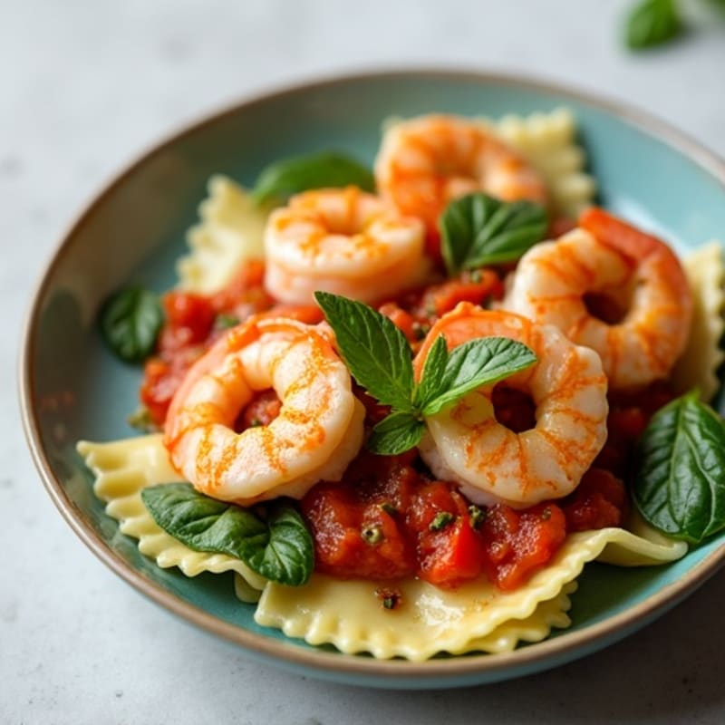 Fresh Spinach Ravioli with Light Tomato Basil Sauce and Grilled Shrimp