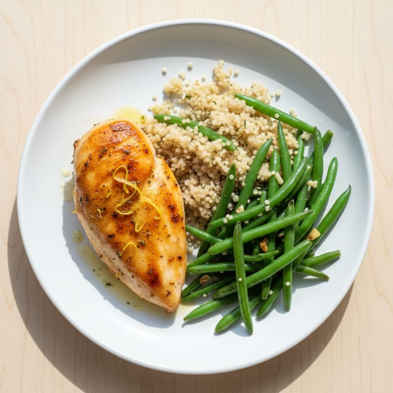 Roasted Chicken Breast with Garlic Green Beans and Quinoa
