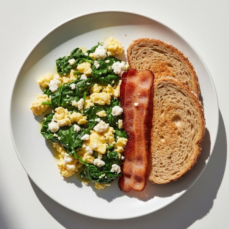 Cottage Cheese Egg Scramble with Spinach and Turkey Bacon