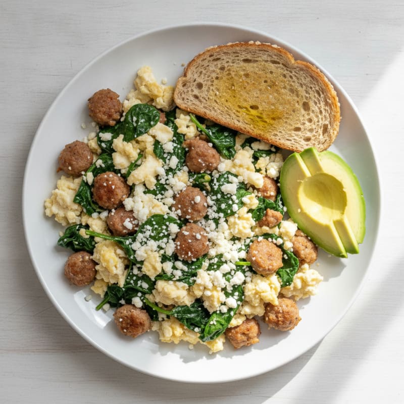 Egg White and Turkey Sausage Scramble with Spinach and Feta