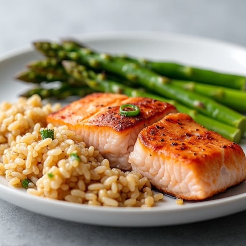 Seared Salmon with Steamed Asparagus and Brown Rice