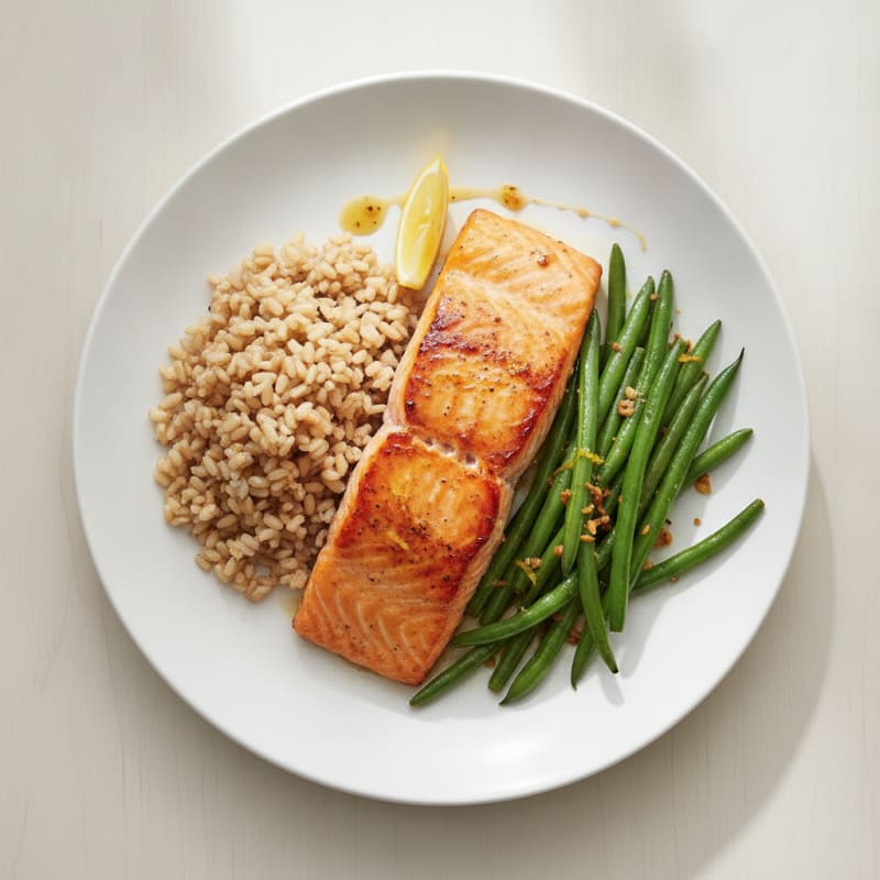 Baked Salmon with Garlic Green Beans and Brown Rice