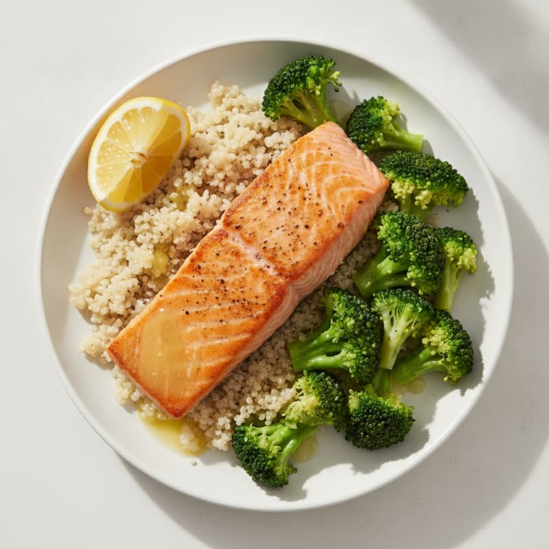 Seared Salmon with Steamed Broccoli and Quinoa