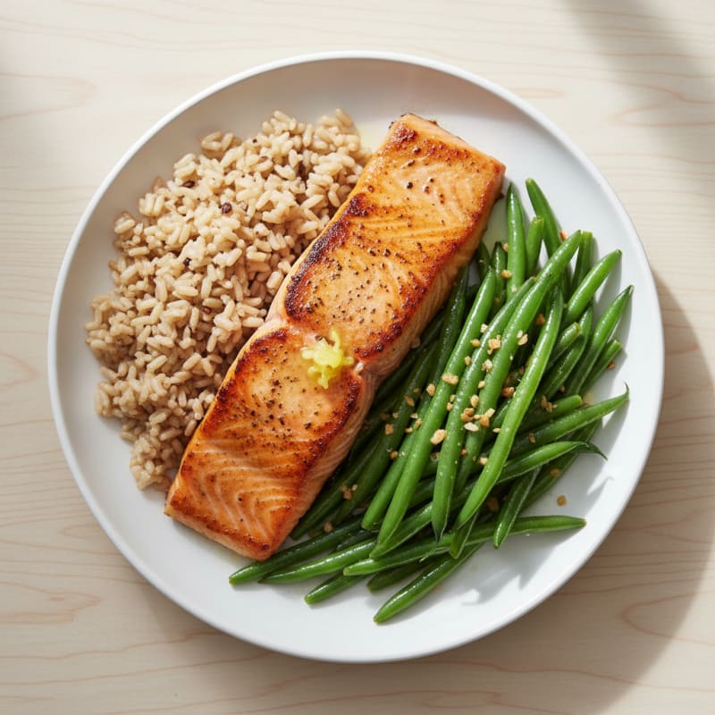 Seared Salmon Fillet with Garlic Green Beans and Brown Rice