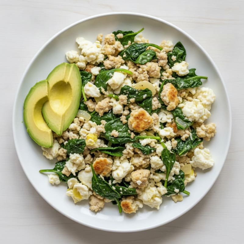 Egg White and Turkey Sausage Scramble with Sautéed Spinach
