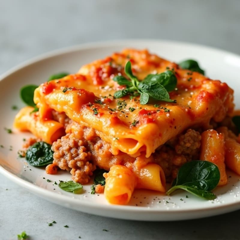 Creamy Lean Ground Beef Whole Wheat Baked Ziti with Spinach