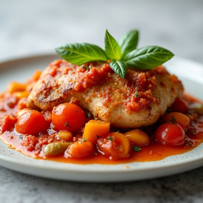 Braised Chicken with Bell Peppers and Robust Tomato Sauce