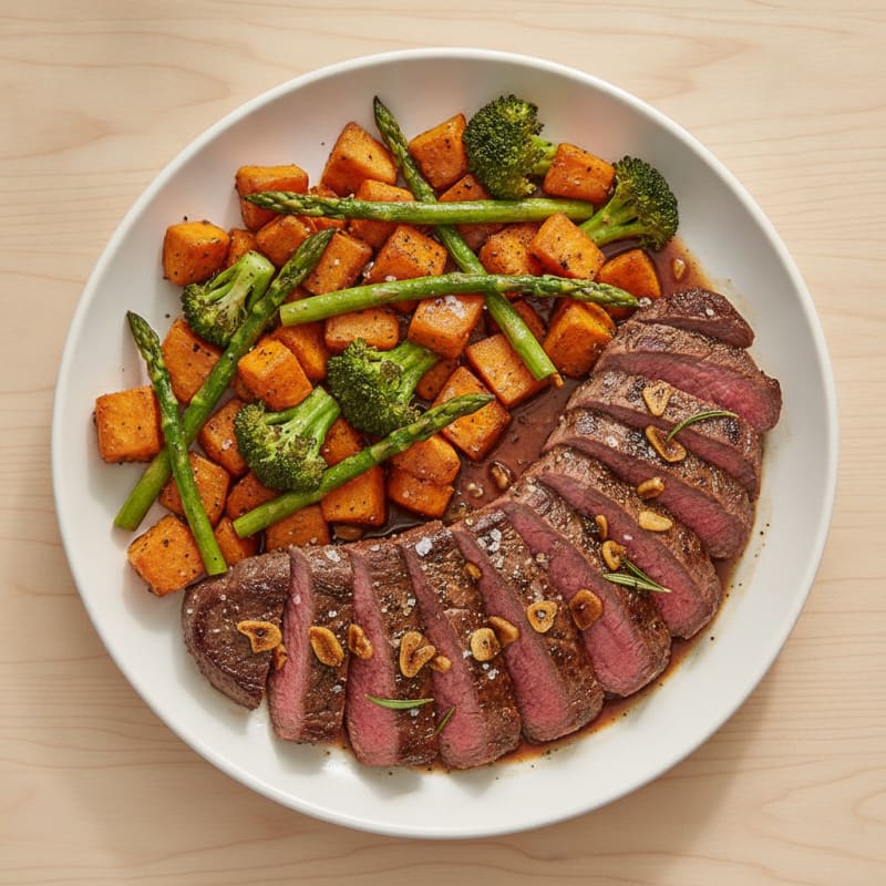 Garlic Steak with Roasted Sweet Potatoes and Asparagus