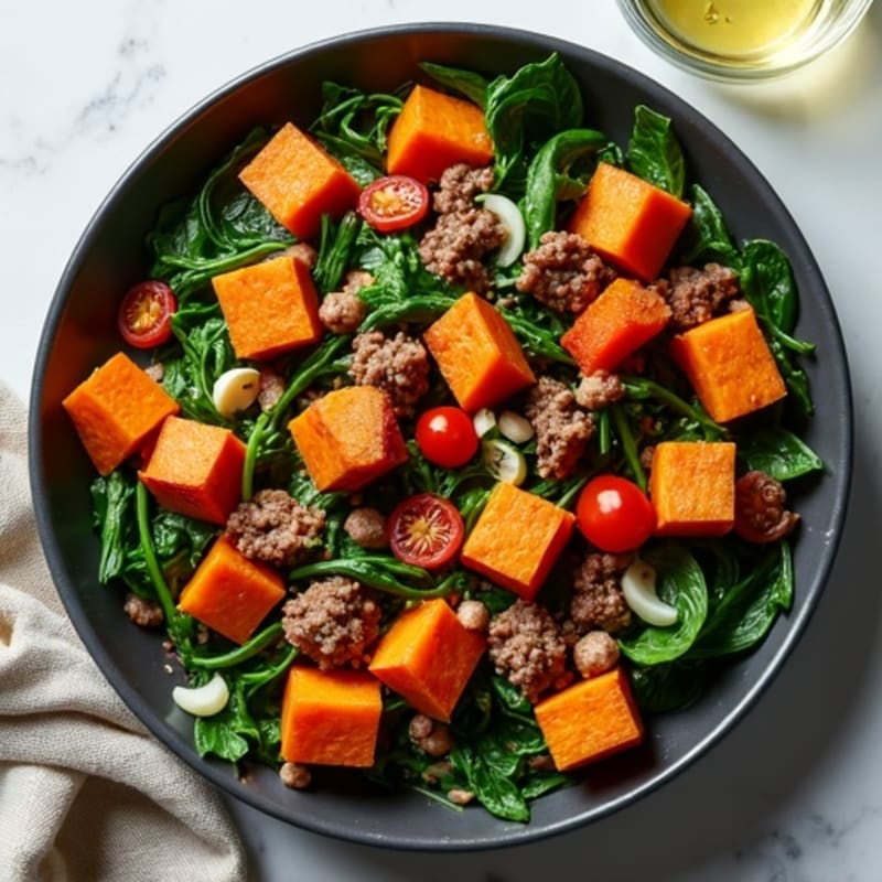 Hearty Ground Beef and Sweet Potato Skillet with Fresh Greens