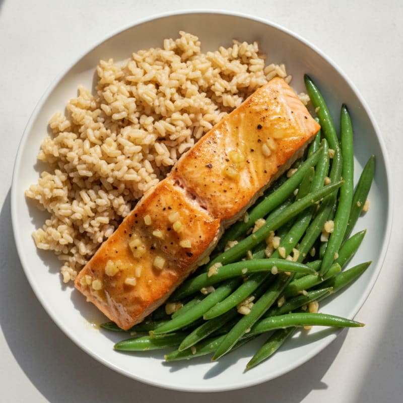 Seared Salmon with Lemon Garlic Green Beans and Brown Rice